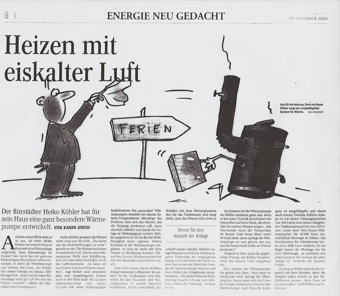 Zeitungsausschnitt aus November 2008 mit dem Titel 'Heizen mit eiskalter Luft' über Heiko Köhler und seine Wärmepumpen-Entwicklung
