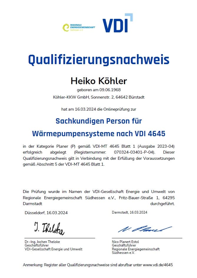 VDI 4645 Qualifizierungsnachweis von Heiko Köhler — Sachkundige Person für Wärmepumpensysteme (Planer)